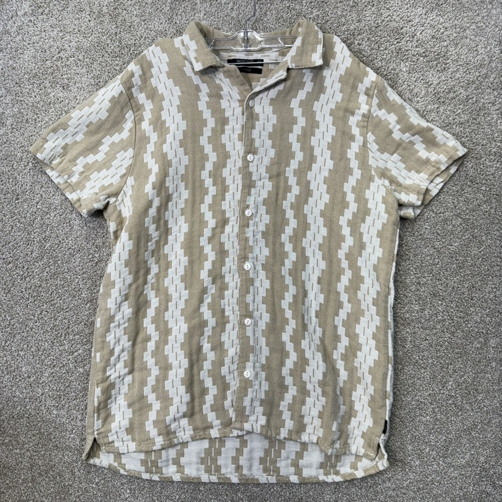 Indicode‎ Button Down Shirt Mens 2XL Tan Geometric Zig Zag Stripe Short Sleeve
